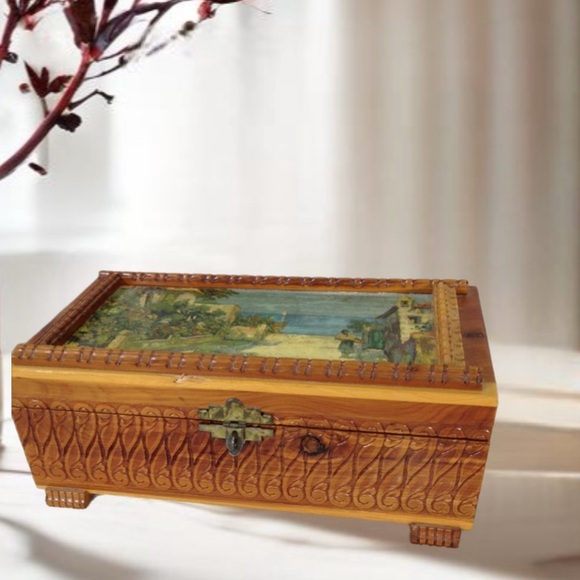 Beautiful Vintage Carved, footed, Cedar Jewelry Box w/Mirror Spain Coastal Scene - Picture 5 of 10